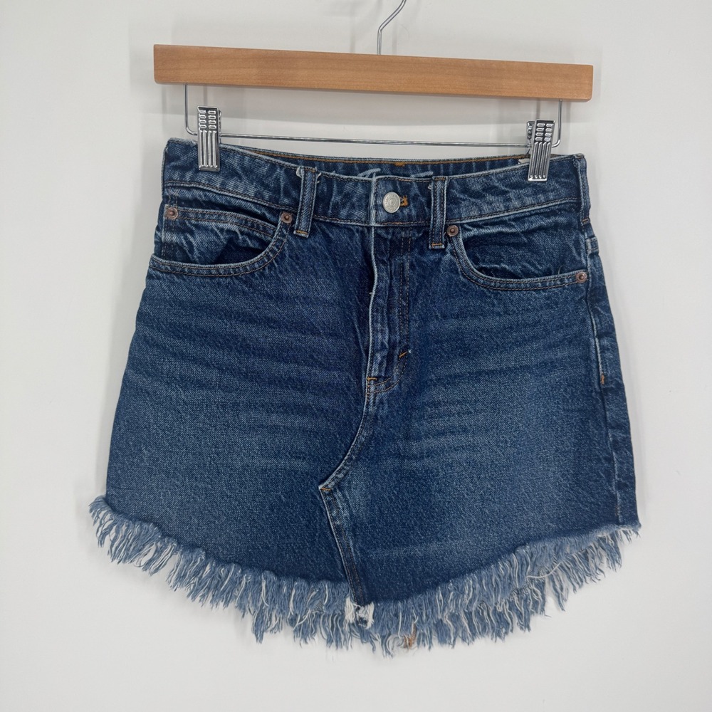 We The Free Bailey Fringe Denim Mini Skirt Women 26 Raw Hem Asymmetrical Western